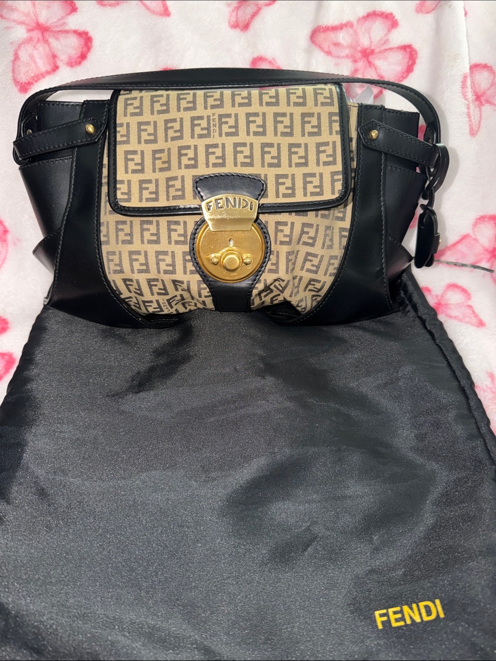 Fendi Black & Beige Zucca Shoulder Bag with Gold Hardware